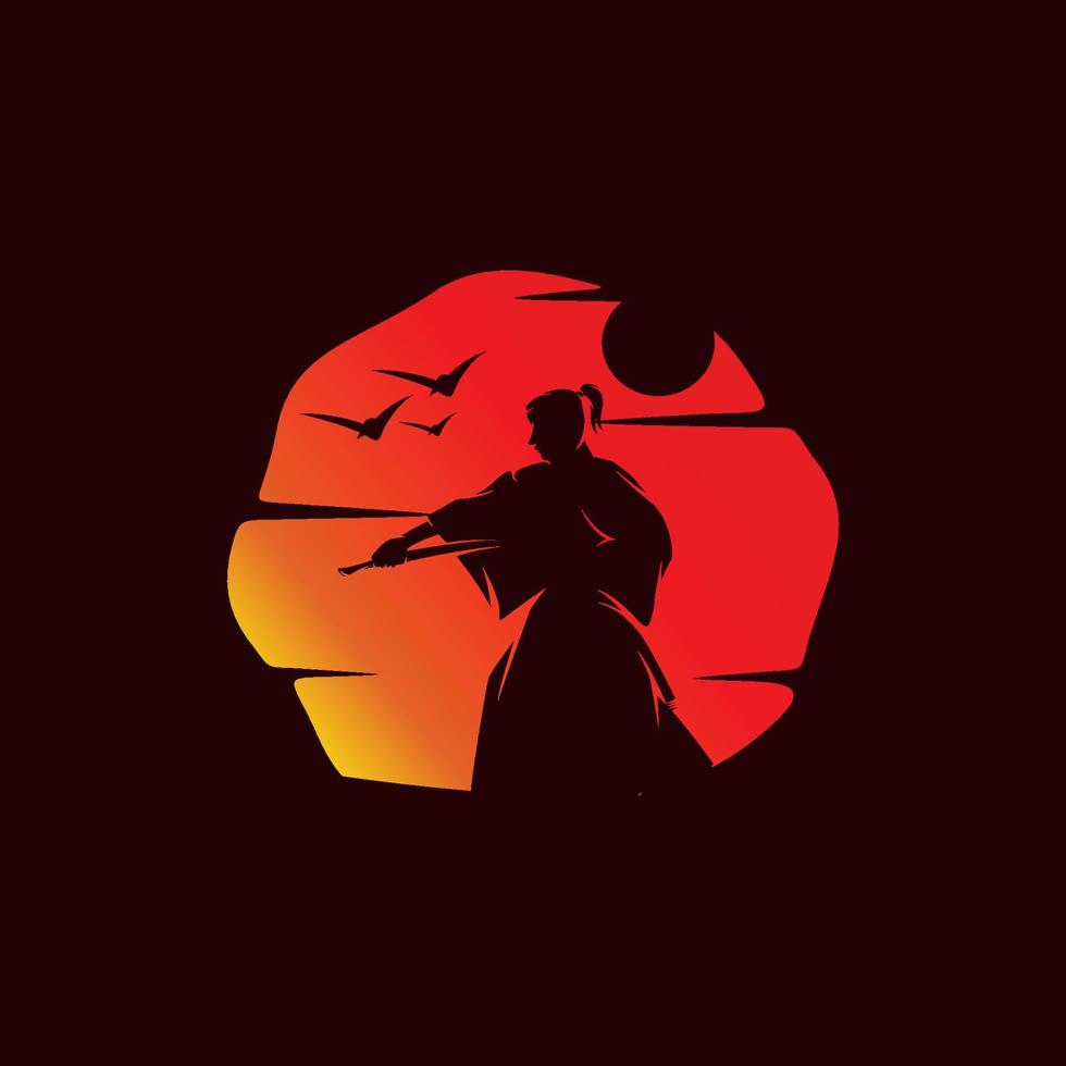 ein Japan-Ninja auf dem Sunset-Logo vektor