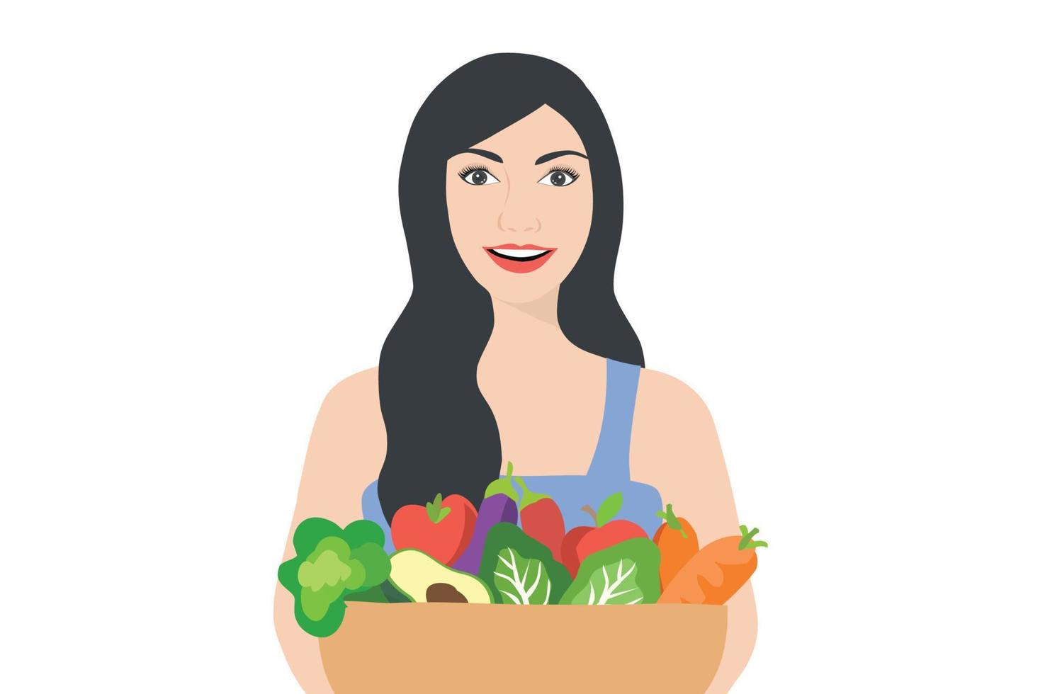 friska kvinna innehav friska mat skål vektor illustration. friska livsstil, värld mat dag och vegan mat begrepp