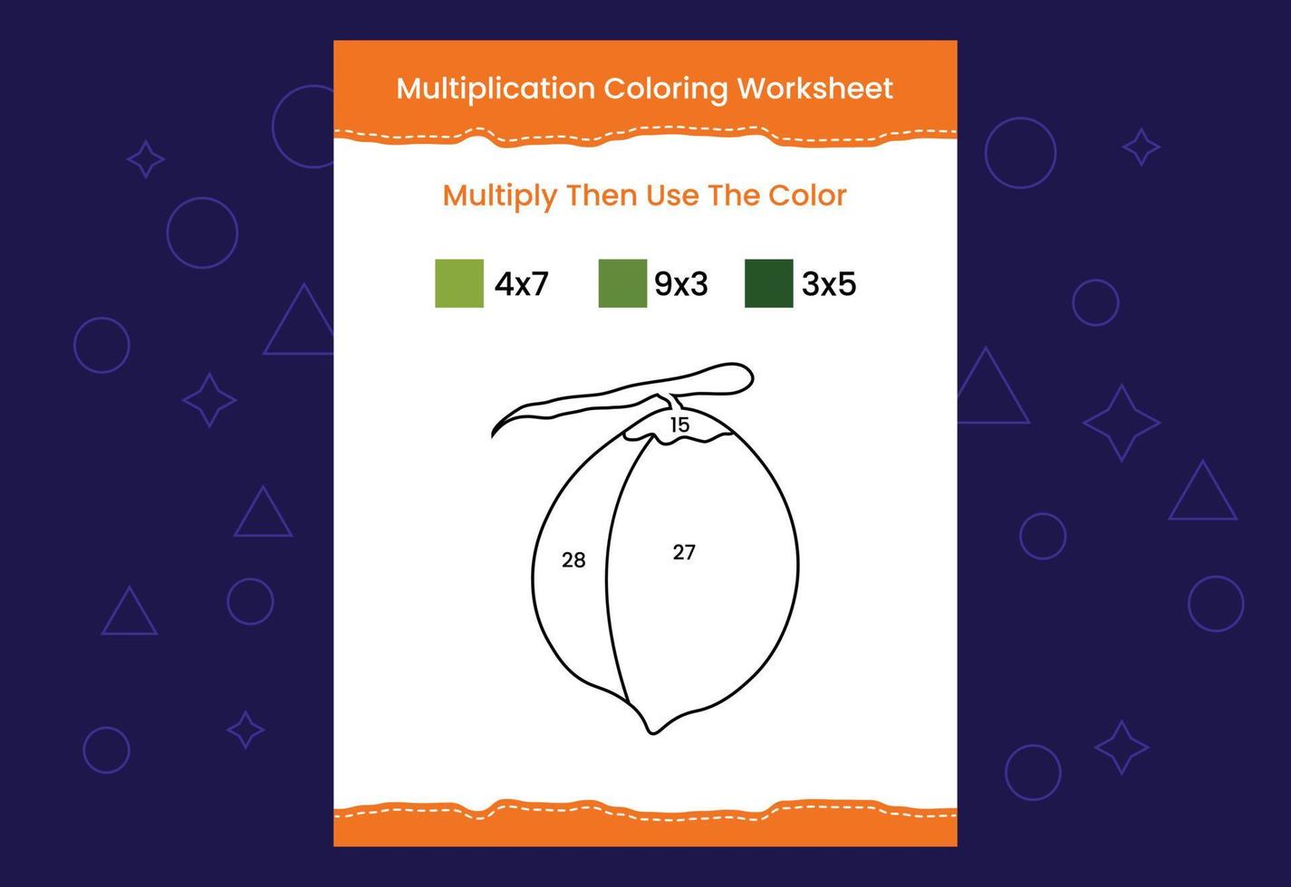 Arbeitsblatt zum Ausmalen der Multiplikation mit dem Bild. Malen nach zahlen mathe spiel vektor