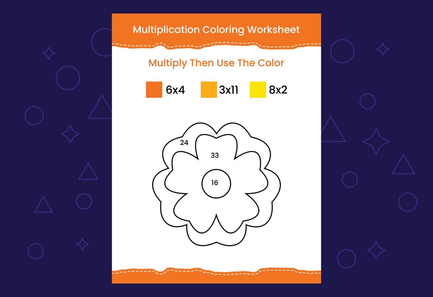 Arbeitsblatt zum Ausmalen der Multiplikation mit dem Bild. Malen nach zahlen mathe spiel vektor