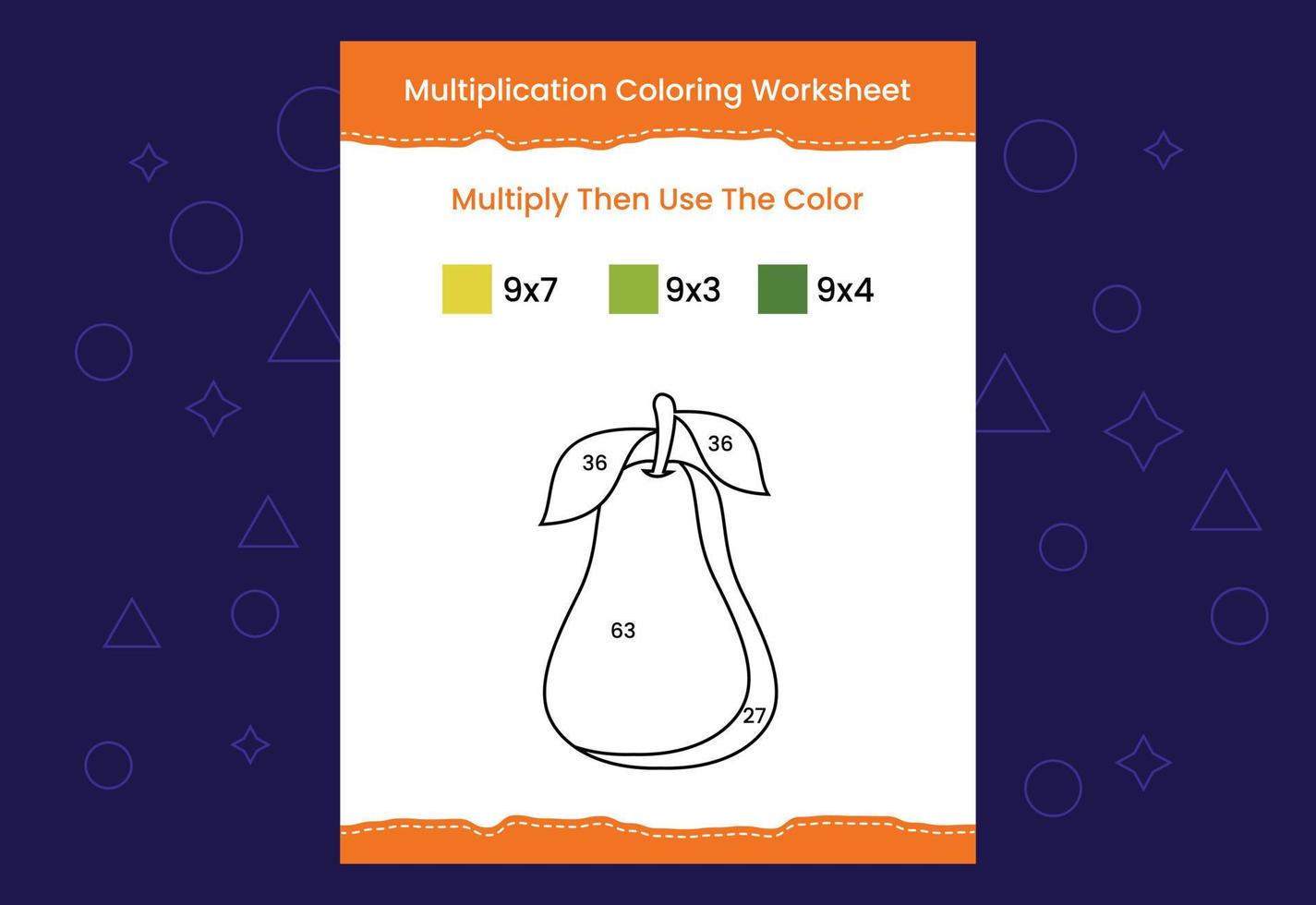 Arbeitsblatt zum Ausmalen der Multiplikation mit dem Bild. Malen nach zahlen mathe spiel vektor