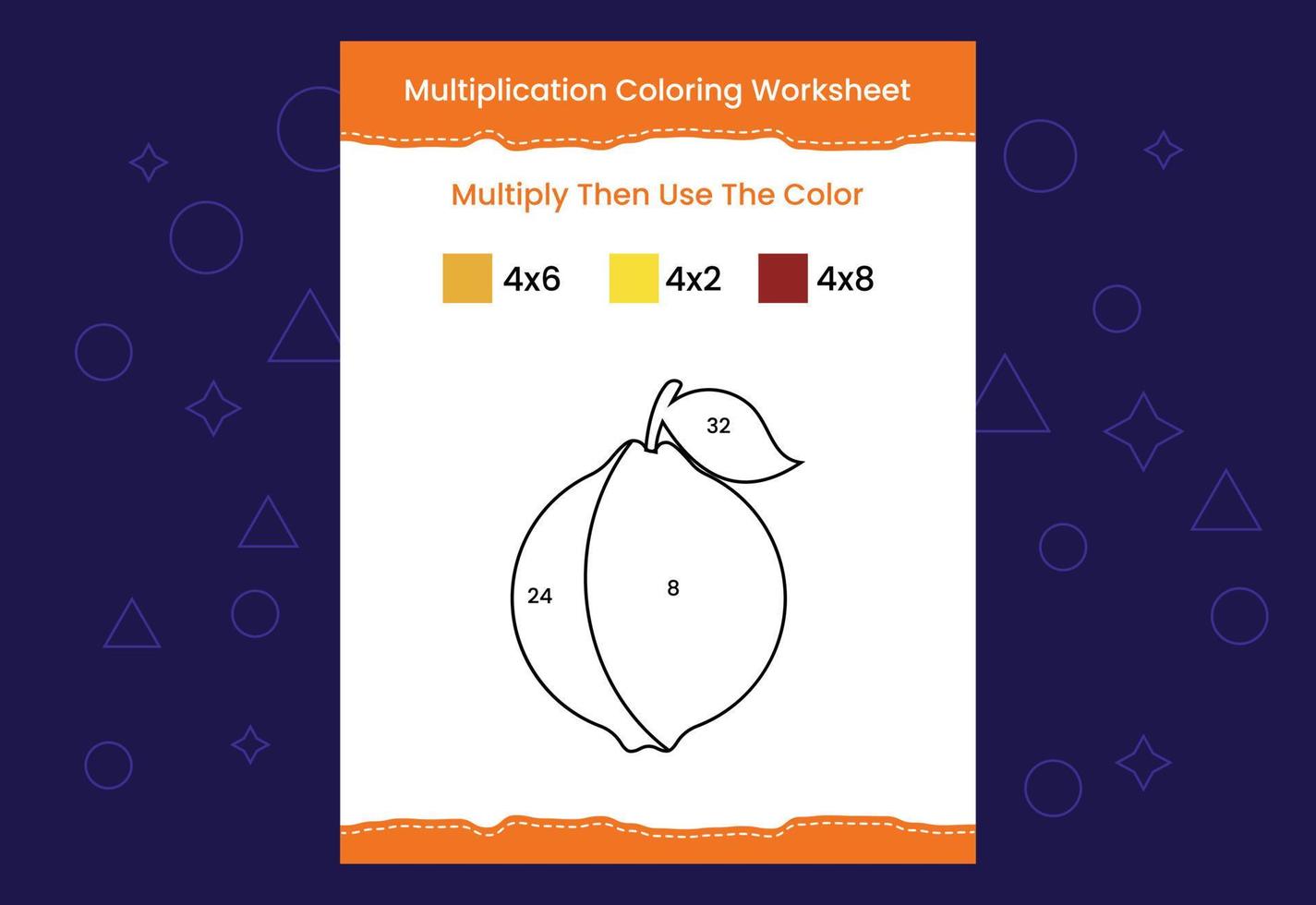 Arbeitsblatt zum Ausmalen der Multiplikation mit dem Bild. Malen nach zahlen mathe spiel vektor