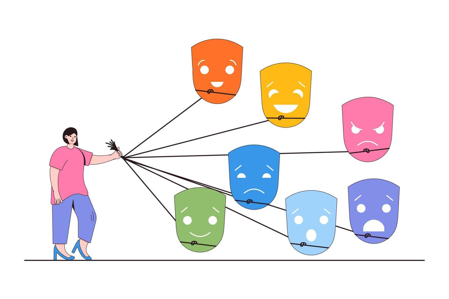 emotionell intelligens, själv reglering, variation av mental attityd begrepp. kvinna använder sig av rep till kontrollera många mask med uttryck ansikten av glädje, förtroende, rädsla, överraskning, sorg, ilska, förväntan vektor