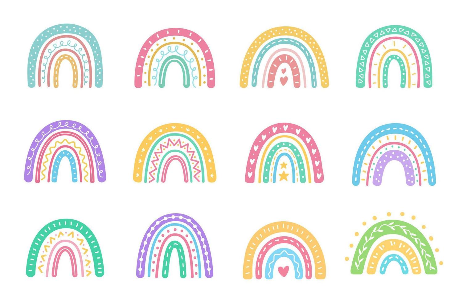 Boho-Regenbogen. handgezeichnete dekorative elemente der pastellregenbogenbabygrußkarte vektor