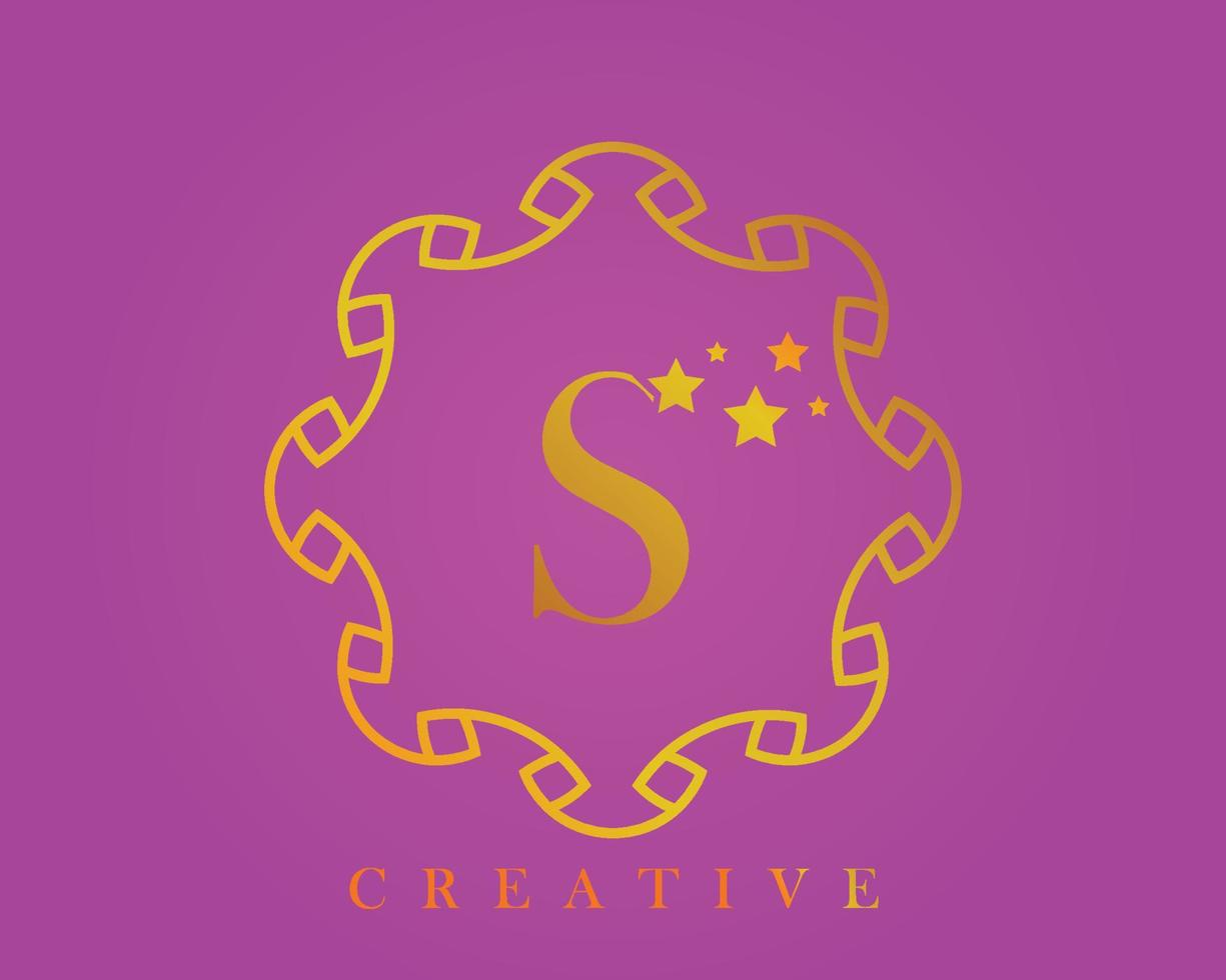 kreatives designlogo, alphabet s, 5-sterne-buchstabe, etikett, symbol, für verpackung, luxusproduktdesign. gemacht mit Gold auf einem hellvioletten strukturierten Hintergrund. vektor