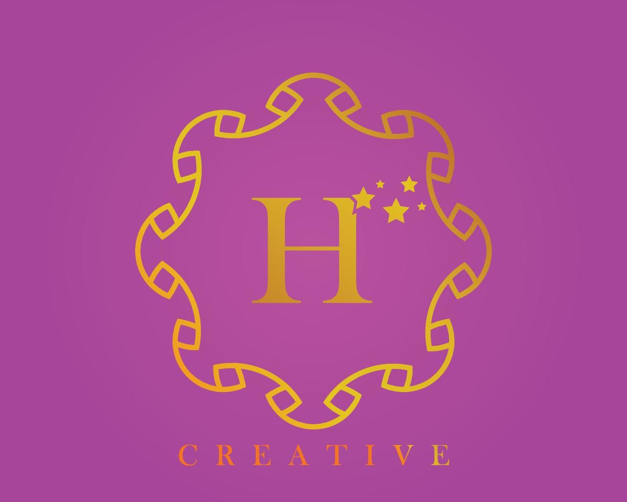kreativ design logotyp, alfabet h, 5 stjärna brev, märka, ikon, för förpackning, lyx produkt design. tillverkad med guld på en ljus lila texturerad bakgrund. vektor