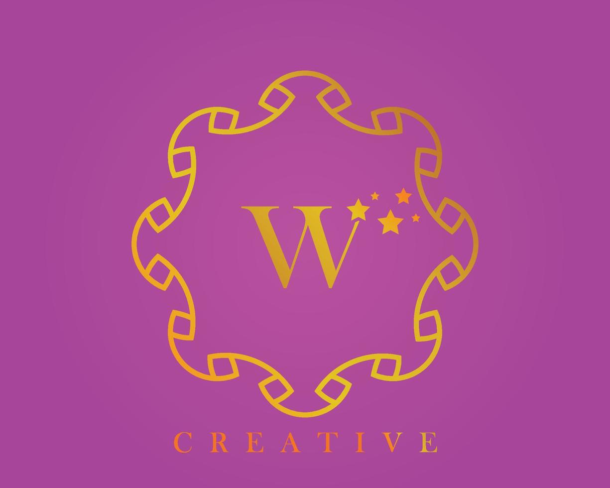 kreatives Design-Logo, Alphabet w, 5-Sterne-Buchstabe, Etikett, Symbol, für Verpackung, Design von Luxusprodukten. gemacht mit Gold auf einem hellvioletten strukturierten Hintergrund. vektor