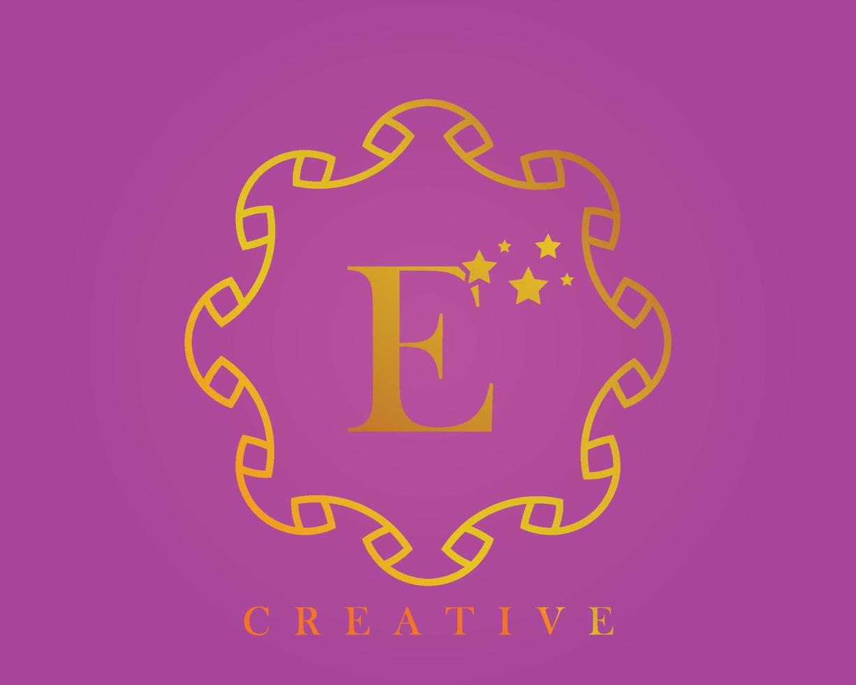 kreatives designlogo, alphabet e 5 sternebuchstabe, etikett, symbol, für verpackung, luxusproduktdesign. gemacht mit Gold auf einem hellvioletten strukturierten Hintergrund. vektor