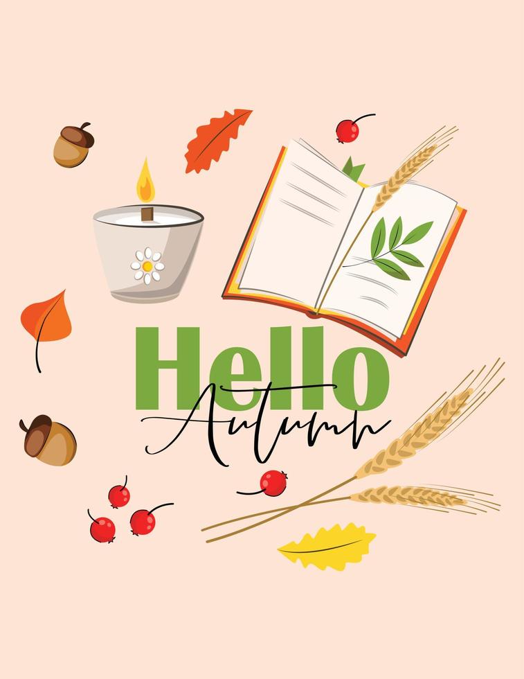 Hallo Herbst Postkarte Banner Inschrift zu einem Herbstthema mit Blättern in verschiedenen Farben, einer Kerze und einem Buch mit Eicheln und Ährchen. flache vektorillustration vektor