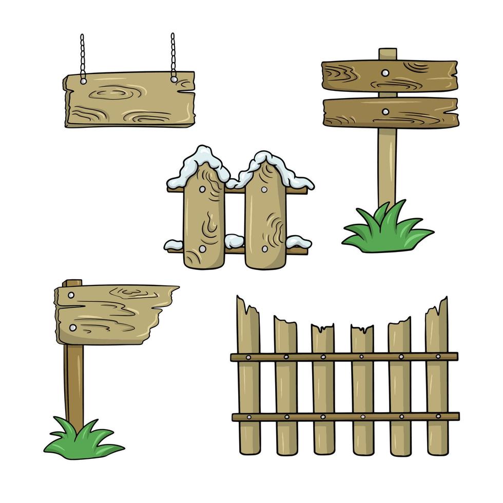 Vintage-Holzgegenstände, entlang des Zauns, quadratisches Schild und Zeiger, Vektorillustration im Cartoon-Stil, Satz farbiger Symbole vektor