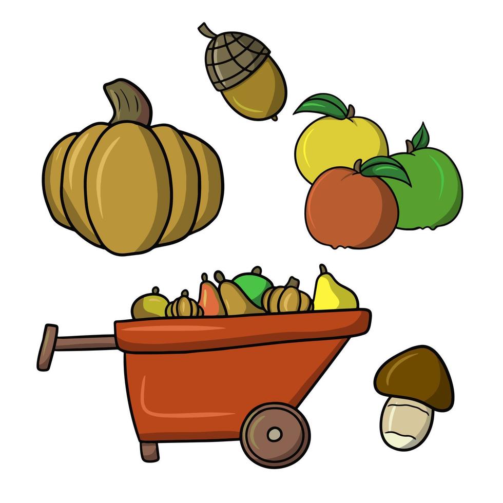 en röd trä- vagn med en skörda, en stor pumpa, äpplen och svamp, en uppsättning av vektor illustrationer i tecknad serie stil
