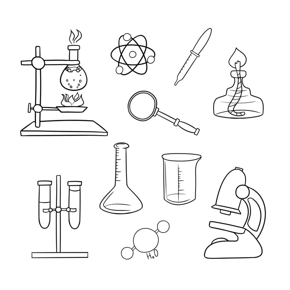 svartvit stor uppsättning av ikoner, kemisk experiment med uppvärmning, vektor illustration i tecknad serie stil på en vit bakgrund