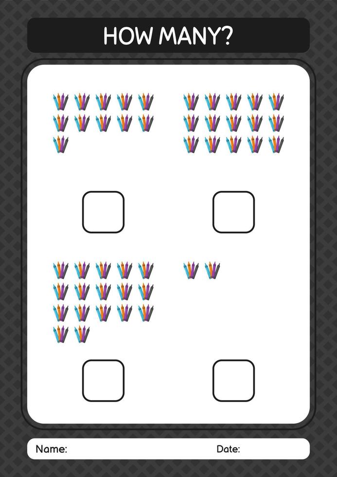 hur många räknar spel med kritor. arbetsblad för förskolebarn, aktivitetsblad för barn vektor
