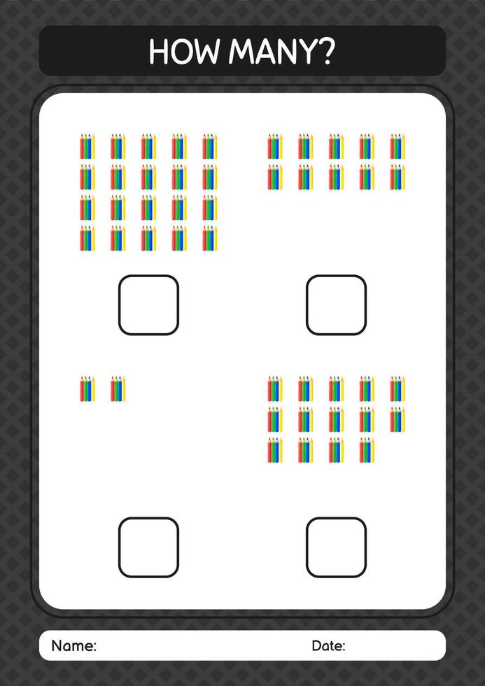 hur många räknar spel med färgpenna. arbetsblad för förskolebarn, aktivitetsblad för barn vektor