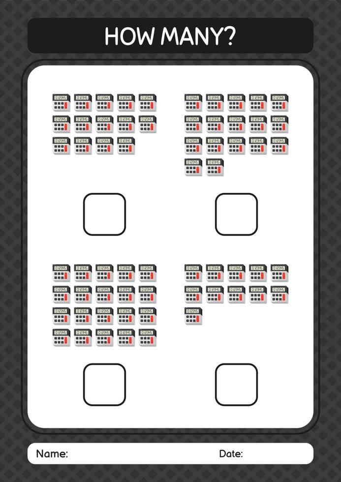 hur många räknar spel med miniräknare. arbetsblad för förskolebarn, aktivitetsblad för barn vektor