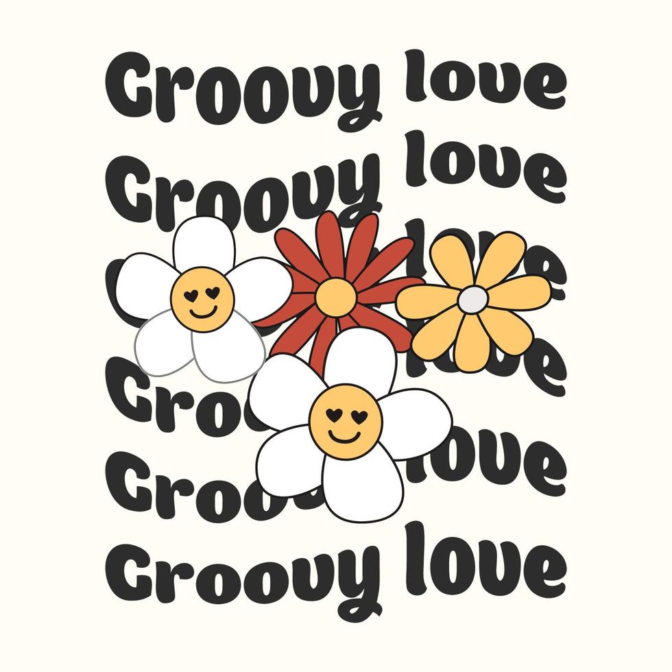 groovige Liebe. Slogan-Druck mit groovigen Blumen, handgezeichneter abstrakter Grafik-T-Shirt-Vektoraufkleber im Stil der 70er Jahre. vektor
