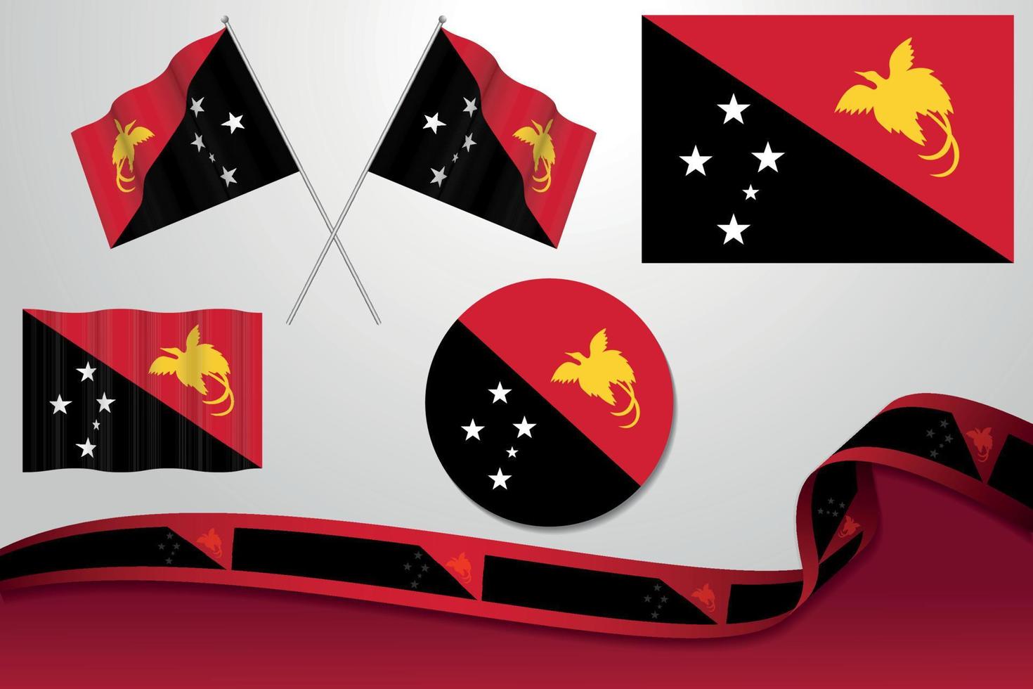 satz papua-neuguinea-flaggen in verschiedenen designs, symbol, enthäutende flaggen und band mit hintergrund. vektor
