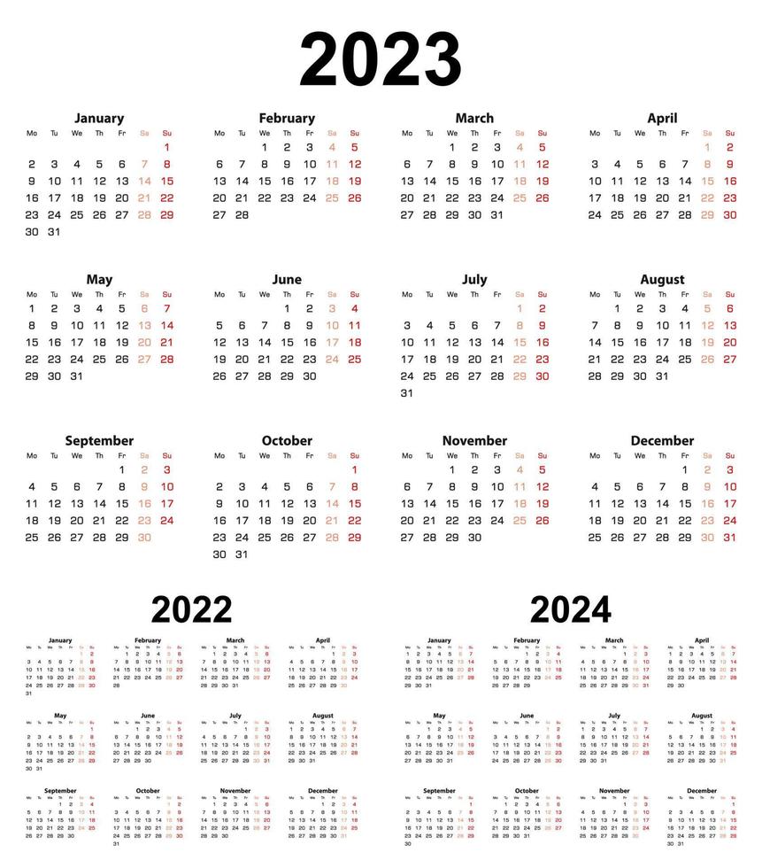 Basiskalender für das Jahr 2023 und 2022, 2024. Woche beginnt am Montag. vektor