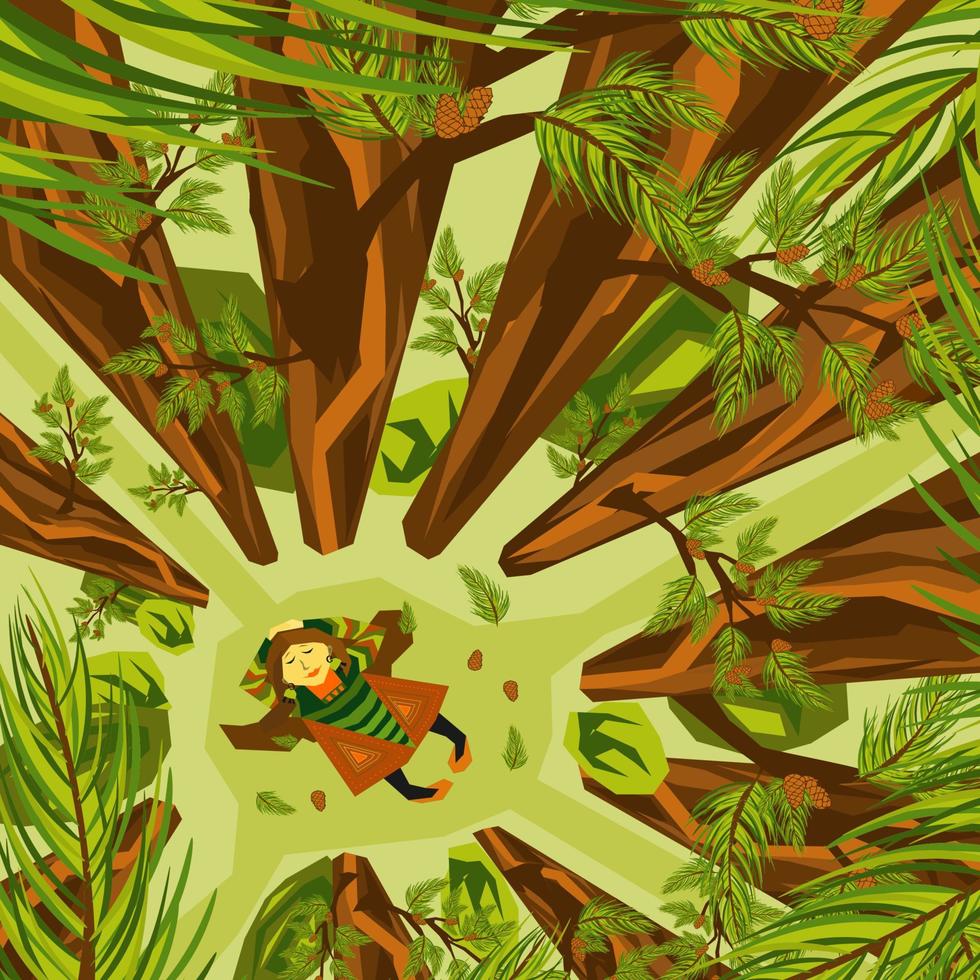 konzeptionelle Vektorillustration über die Bedeutung des Waldschutzes. Boho-Stil gekleidetes Mädchen liegt auf dem Boden in einem Kiefernwald vektor