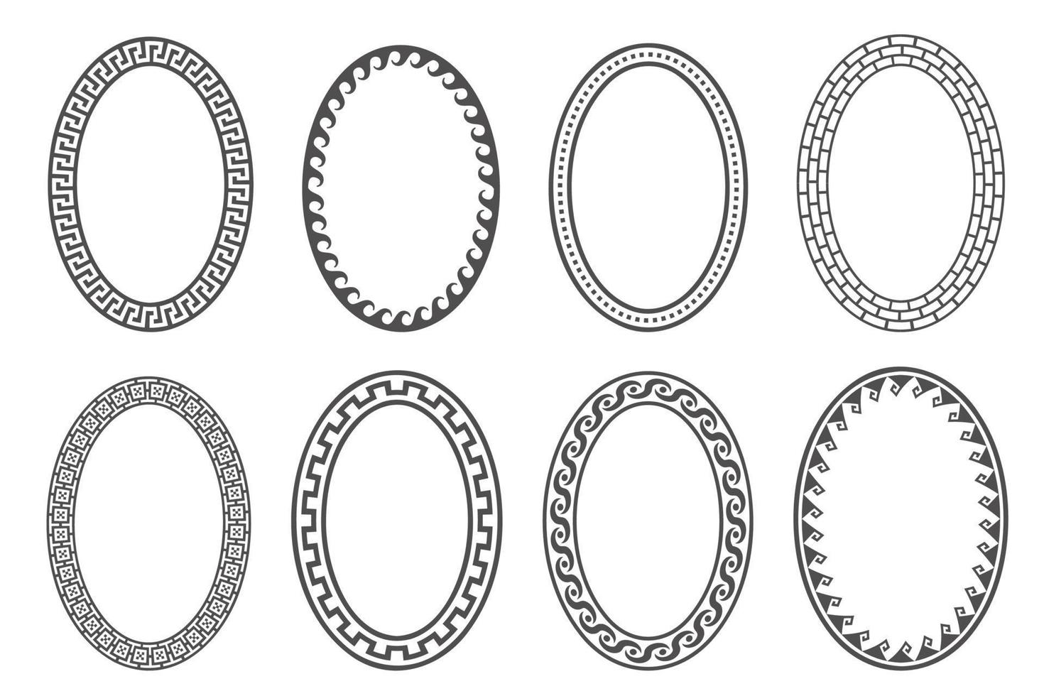 griechischer schlüssel ovaler rahmensatz. Kreisränder mit Mäanderornamenten. Ellipse alte Designs. Vektor