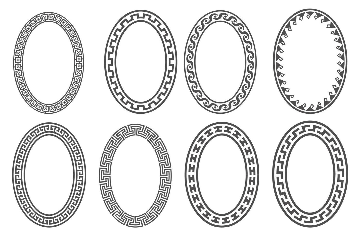 griechischer schlüssel ovaler rahmensatz. Kreisränder mit Mäanderornamenten. Ellipse alte Designs. Vektor