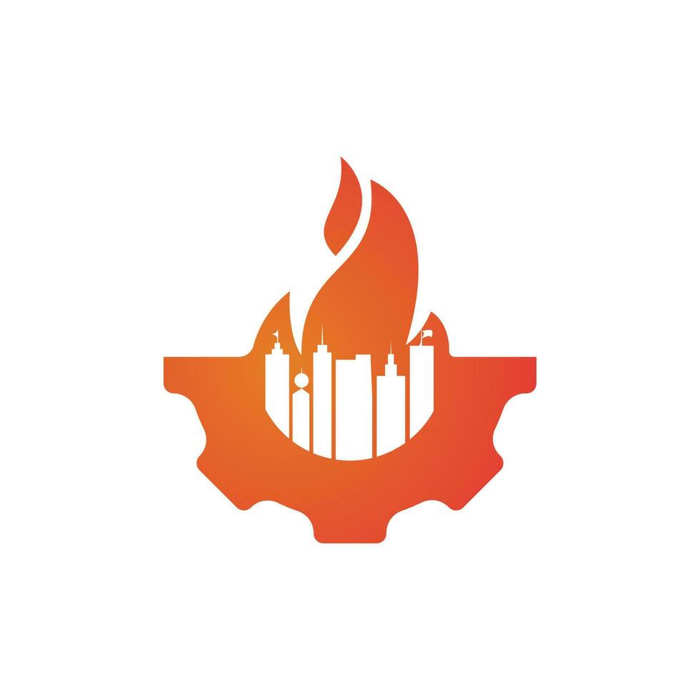 Feuer Stadt Vektor-Logo-Design-Vorlage. Gebäude und Feuer mit Zahnrad-Icon-Design. vektor