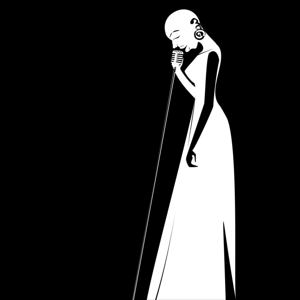 jazz sångare silhuett svart och vit kontinuerlig linje illustration vektor