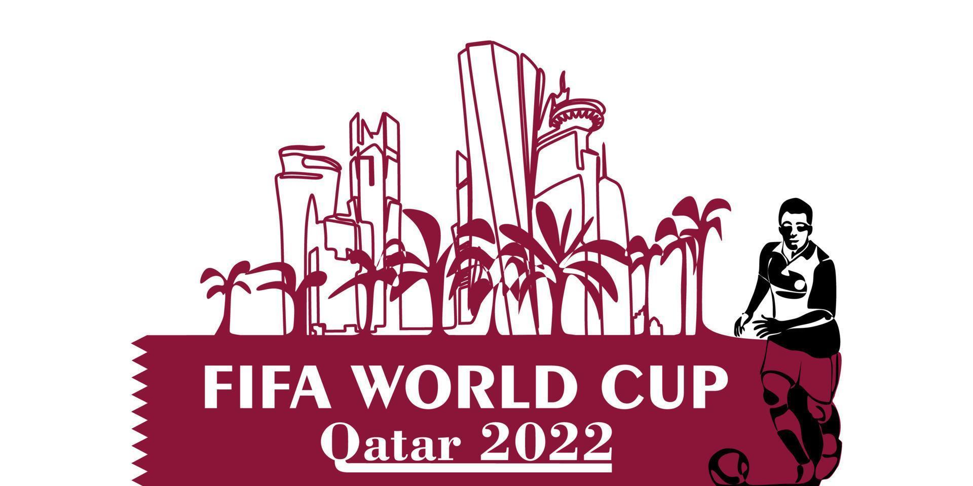värld kopp i qatar i 2022 baner. stiliserade vektor isolerat modern illustration av de huvudstad doha stad med symbol, färger och flagga