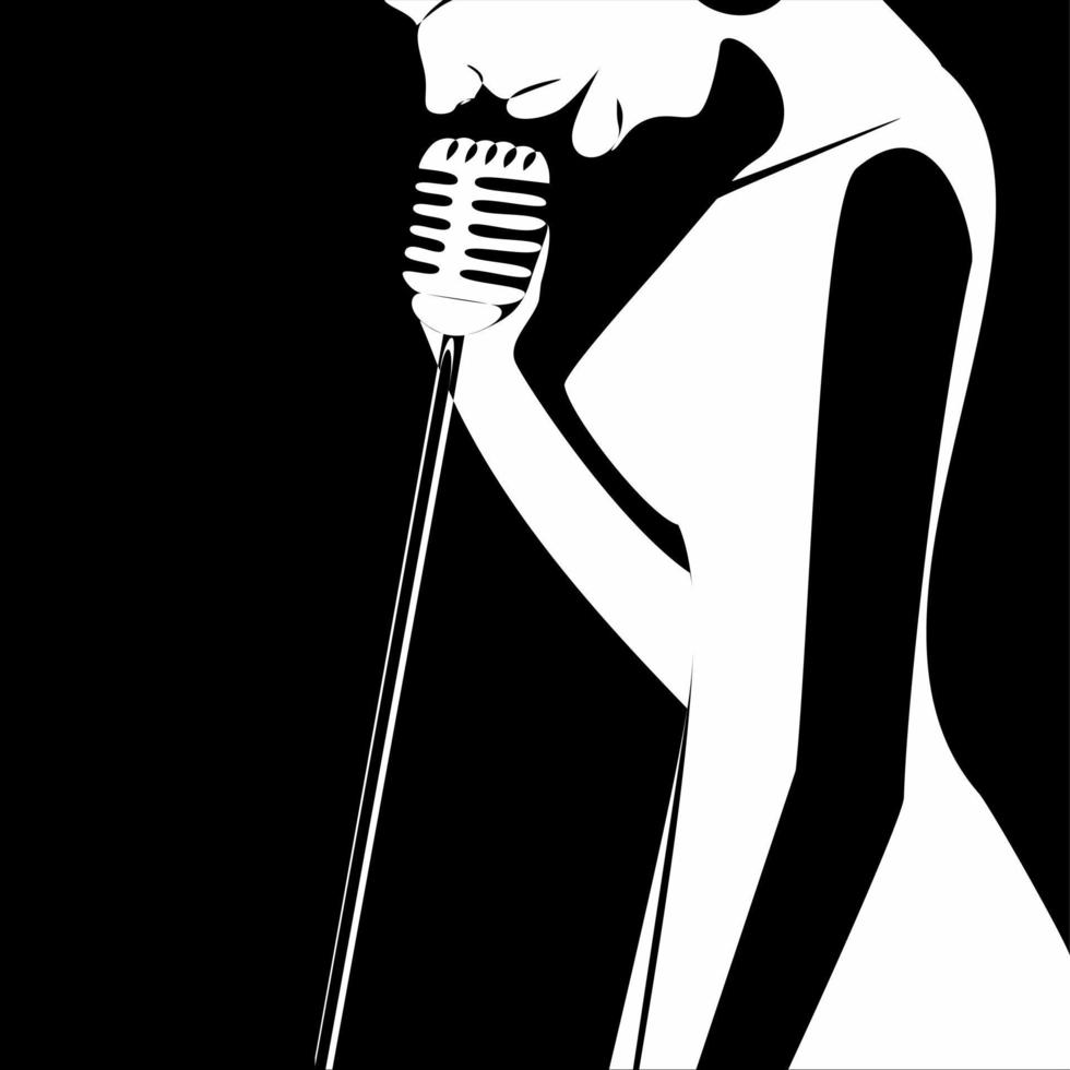 jazz sångare silhuett svart och vit kontinuerlig linje illustration vektor
