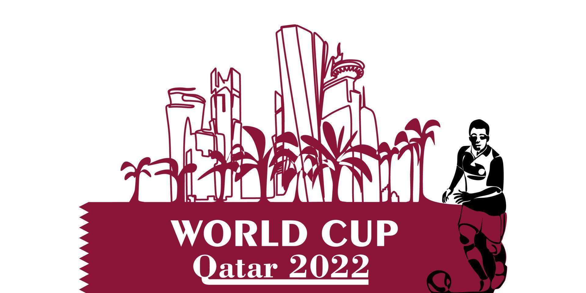 wm-banner in katar 2022. stilisierter vektor isolierte moderne illustration der hauptstadt doha mit symbol, farben und flagge