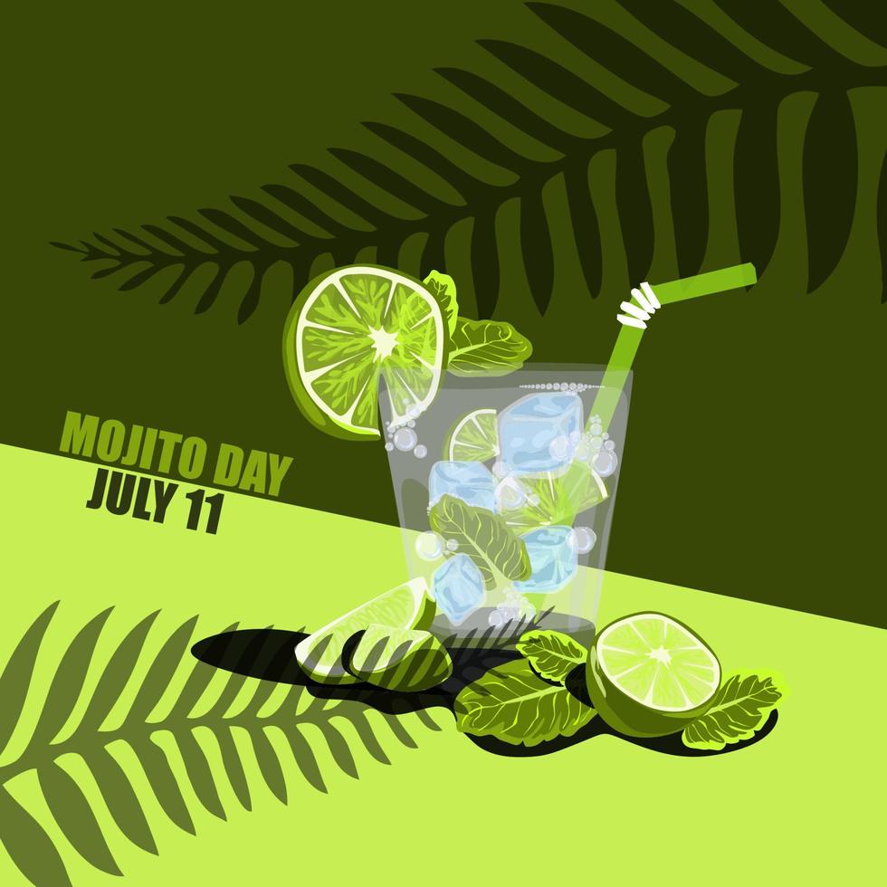 nationell mojito dag 11 juli affisch. glas av mojito med kalk, mynta, is vektor design.