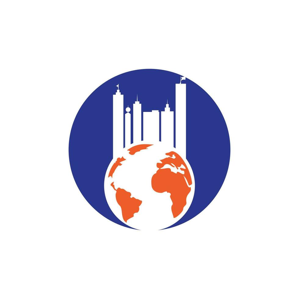 Globus-Stadt-Vektor-Logo-Design-Konzept. Globus und Gebäude-Logo-Design-Vorlage. vektor