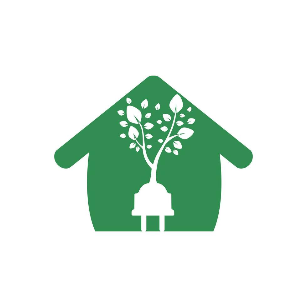 Ökostrom-Logo-Konzept. Elektrisches Steckersymbol mit Baum und Haus. vektor