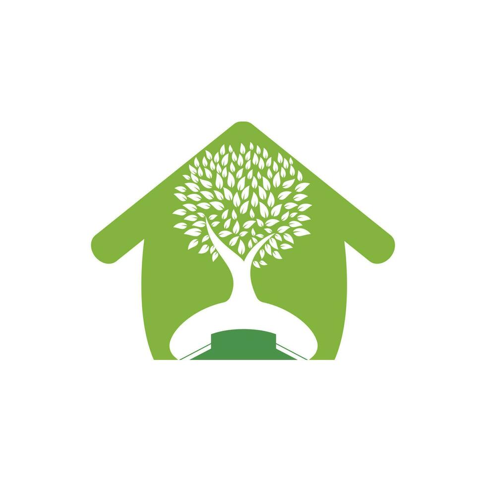 Natur rufen Vektor-Logo-Design. Mobilteil-Baum mit Home-Icon-Design-Vorlage. vektor