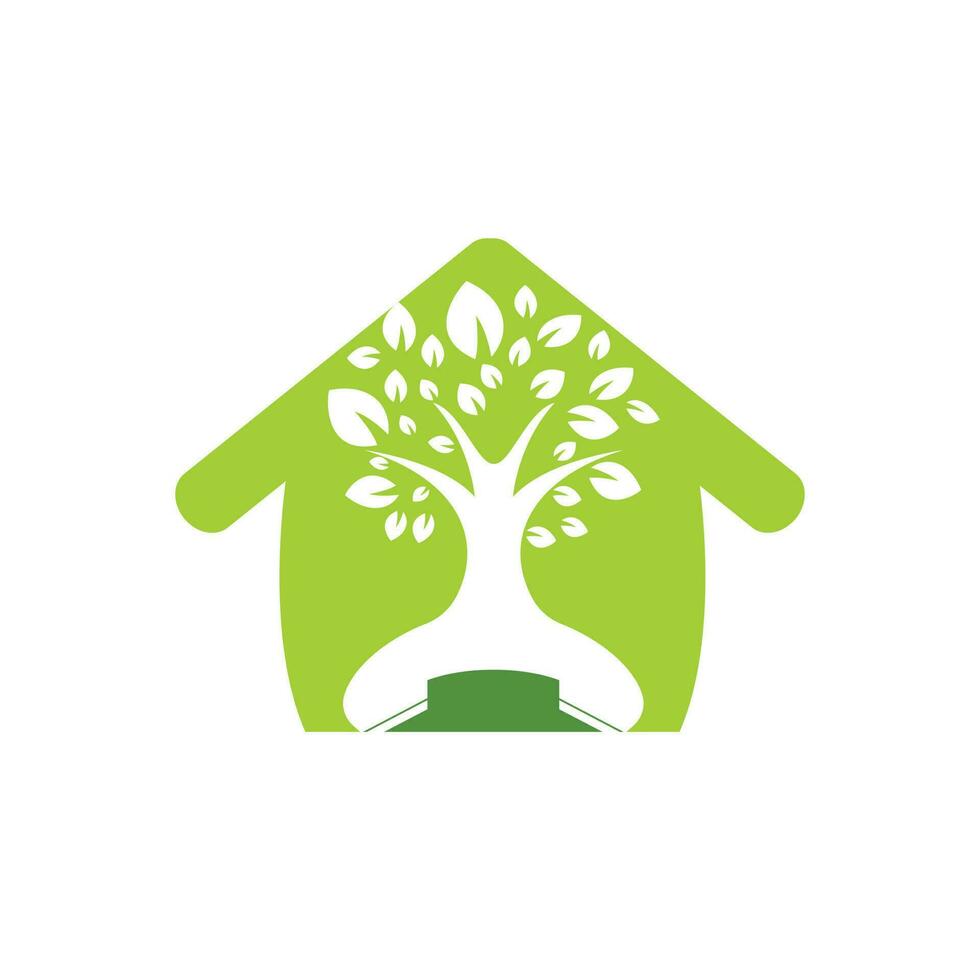 Natur rufen Vektor-Logo-Design. Mobilteil-Baum mit Home-Icon-Design-Vorlage. vektor