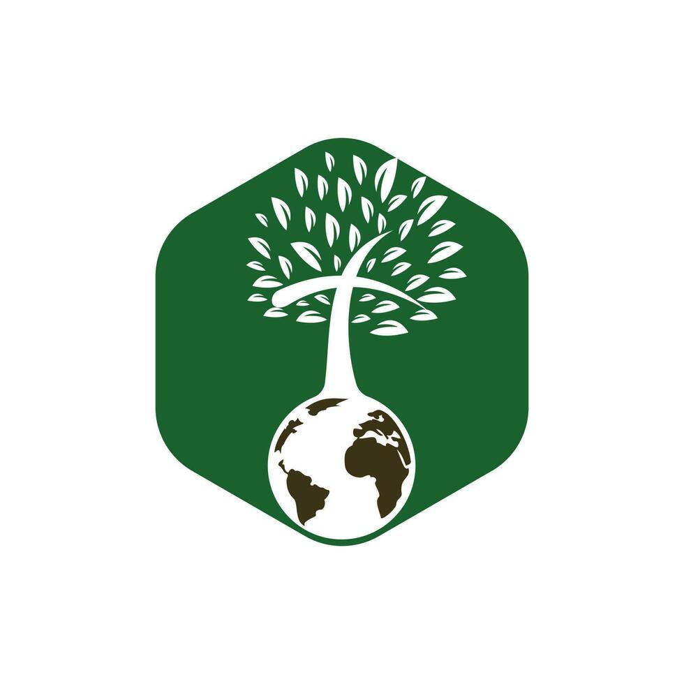 Globale Kirchenvektor-Logo-Designvorlage. Globus mit Kreuzbaum-Vektorsymbol. vektor