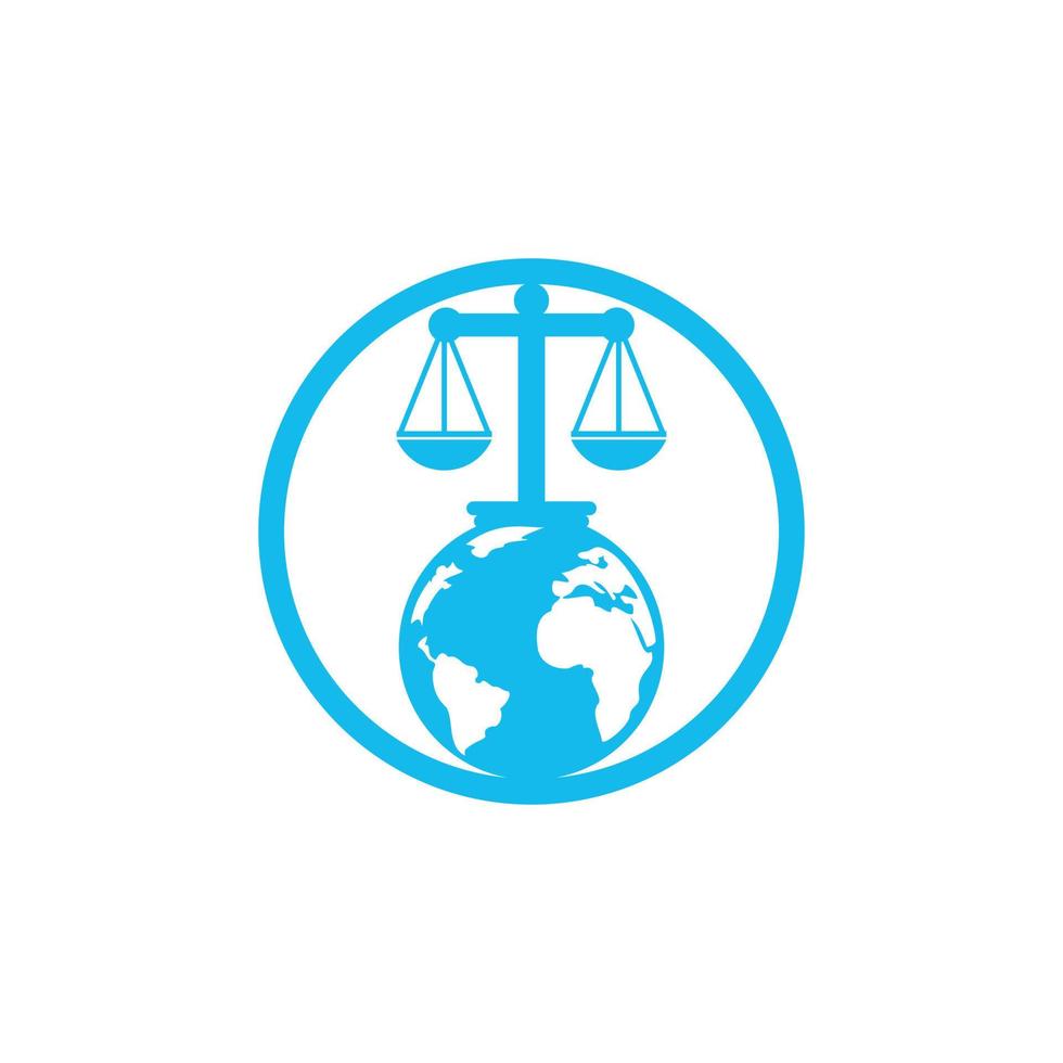 logokonzept des internationalen tribunals und des obersten gerichtshofs. Skalen auf Globus-Icon-Design. vektor
