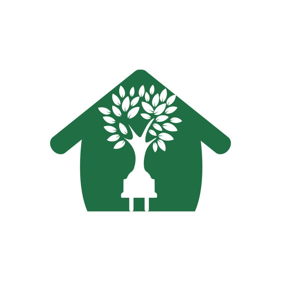 grön energi elektricitet logotyp begrepp. elektrisk plugg ikon med träd och Hem. vektor