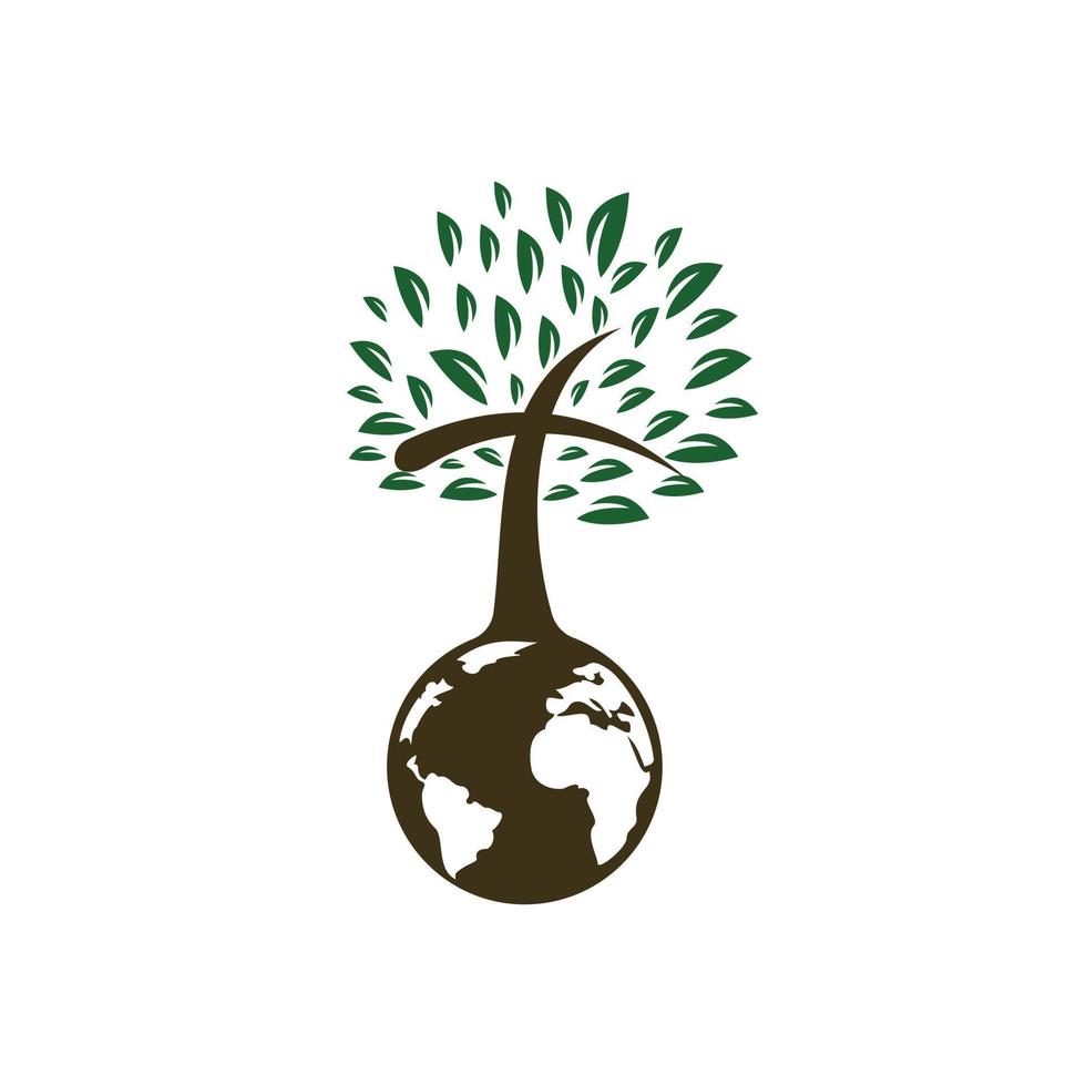 Globale Kirchenvektor-Logo-Designvorlage. Globus mit Kreuzbaum-Vektorsymbol. vektor