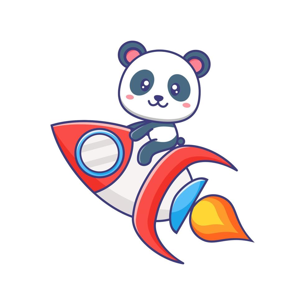 niedliche baby panda reitrakete cartoon illustration isoliert geeignet für aufkleber, banner, plakat, verpackung, kinderbucheinband. vektor