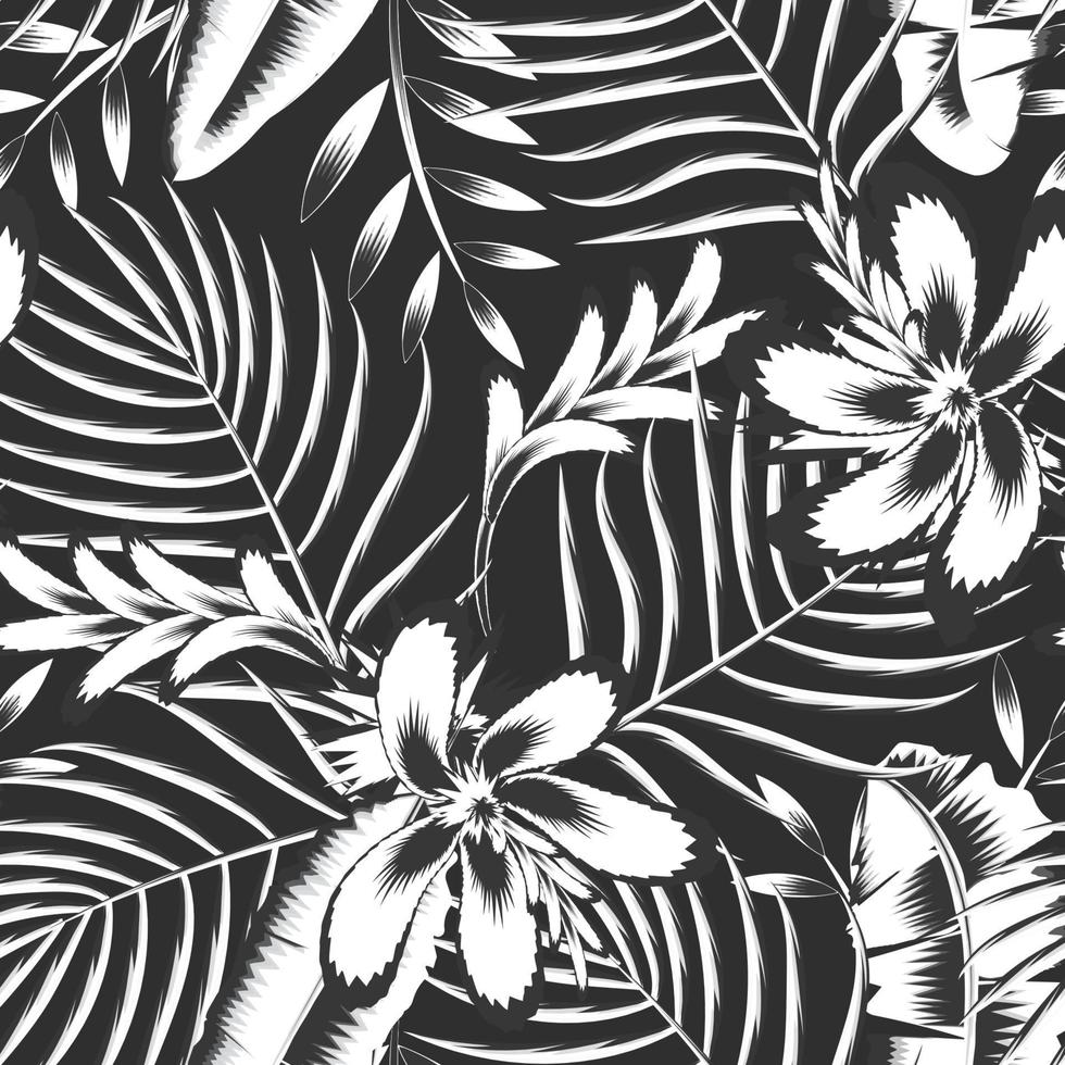 exotische vintage tropische palmblätter nahtloses muster mit bananenblatt und abstrakter hibiskusblüte in monochromatischem farbstil auf dunklem hintergrund. modische Textur. Sommerdruckdesign. Dekoration vektor