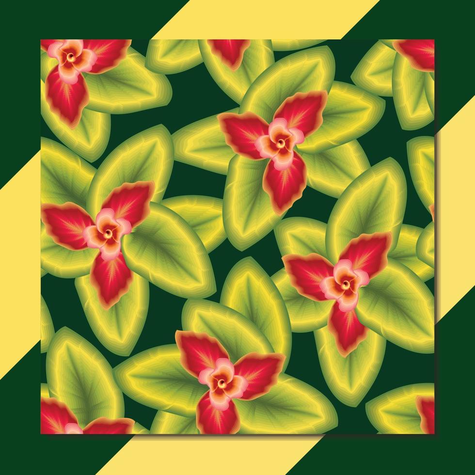 schöne grüne Blätter nahtloses tropisches Muster mit abstrakten roten Blumenpflanzen auf dunkelgrüner Hintergrundzeichnung. Vektordesign. buntes Illustrationsdschungellaub in einem Rahmen. druckt Textur vektor