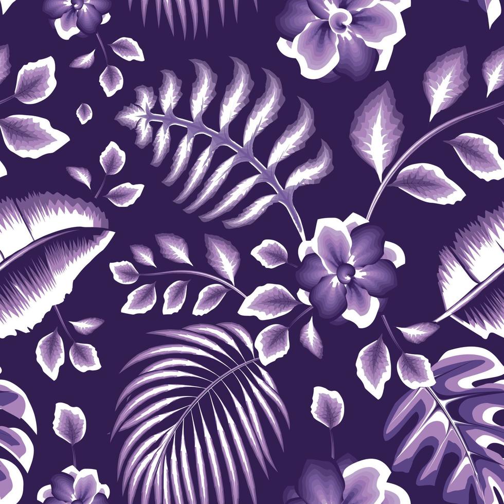 årgång regnskog växter lövverk sömlös mönster med enfärgad lila tropisk monstera handflatan löv och årgång jasmin blommor på mörk bakgrund. vektor design. blommig bakgrund. exotisk
