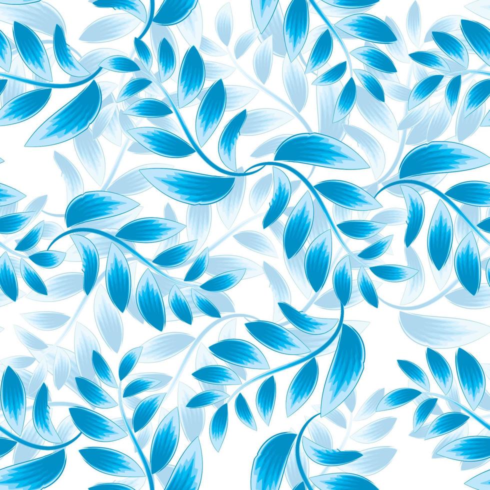 himmelblaue farbe lässt pflanzen nahtloses tropisches muster mit monochromatischer stilvoller farbe auf weißem hintergrund. trendiges nahtloses muster des abstrakten laubs. Vektordesign. Textilien bedrucken. Naturtapete vektor