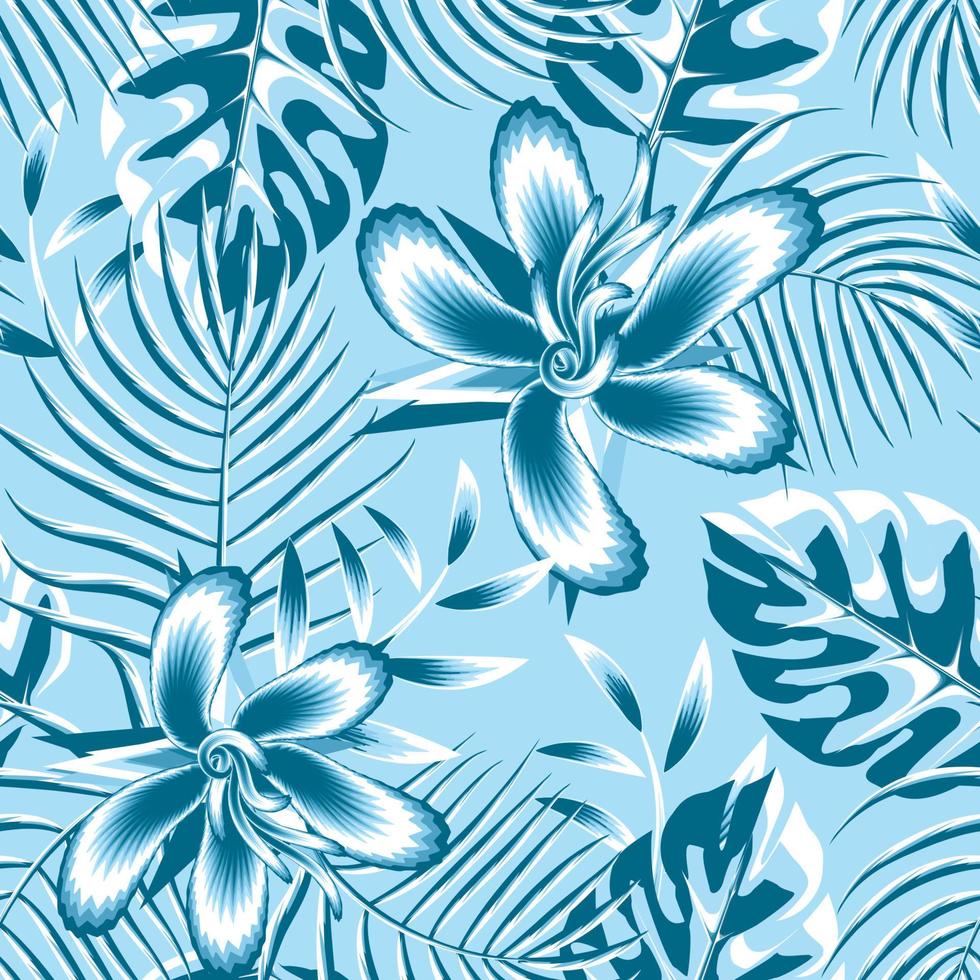 blå enfärgad exotisk djungel växter illustration sömlös mönster med abstrakt hibiskus blommor och monstera handflatan löv på himmel blå bakgrund. blommig bakgrund. sommar design. grafik textur vektor