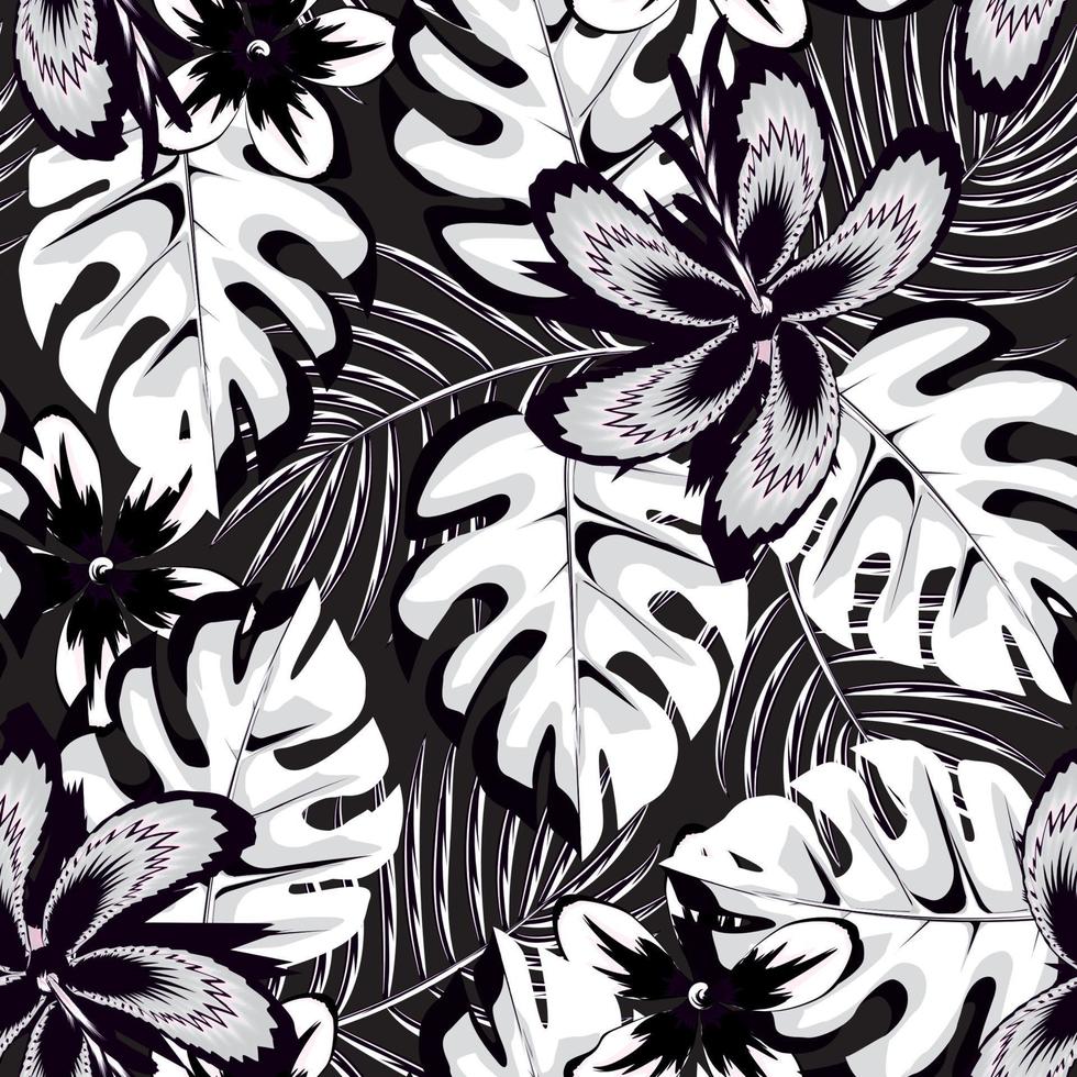 exotische Vintage tropische Monstera-Pflanzen nahtloses Muster mit Palmblatt und abstrakter Hibiskusblüte in schwarz-weißer Farbe auf Nachthintergrund. modische Textur. Sommerdruckdesign. dekorativ vektor