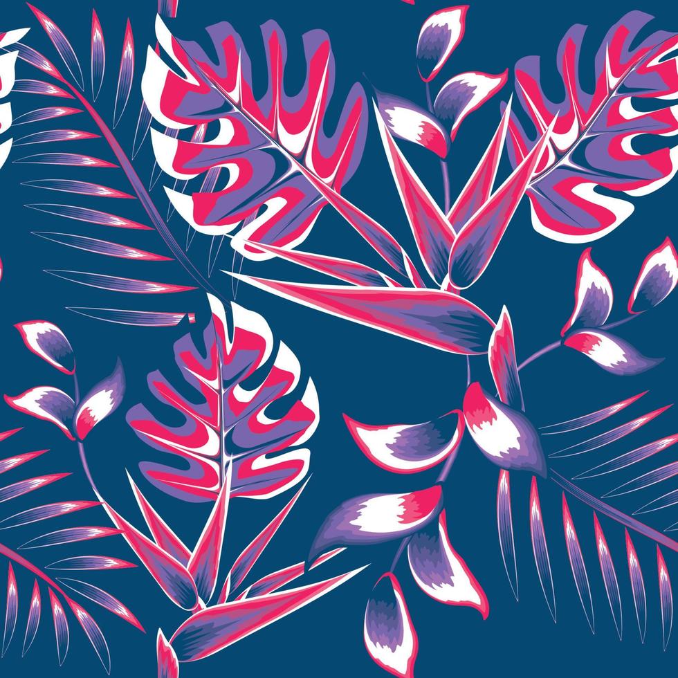 Rosa blaue Farbe abstrakte tropische Strelitzia-Blumen nahtlose Patten mit Monstera-Farn verlässt Pflanzen und Laub auf dunklem Hintergrund. bunte stilvolle blumen. Blumenhintergrund. Drucktextur. Sommer vektor