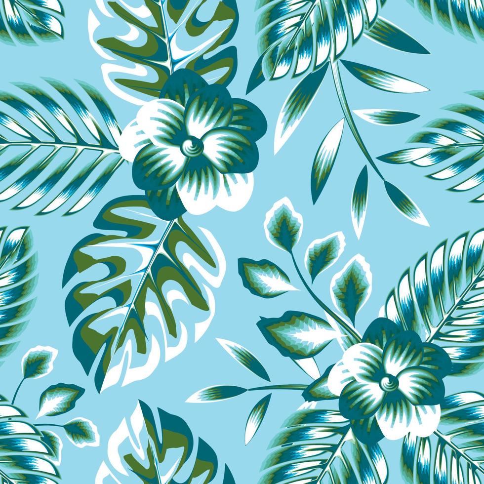 Himmelblauer Hintergrund, Vektordesign mit modischen tropischen Monstera-Palmblättern und Pflanzenlaubblumenzeichnung. einfarbige stilvolle illustration. Drucktextur. Naturtapete. exotische Tropen vektor