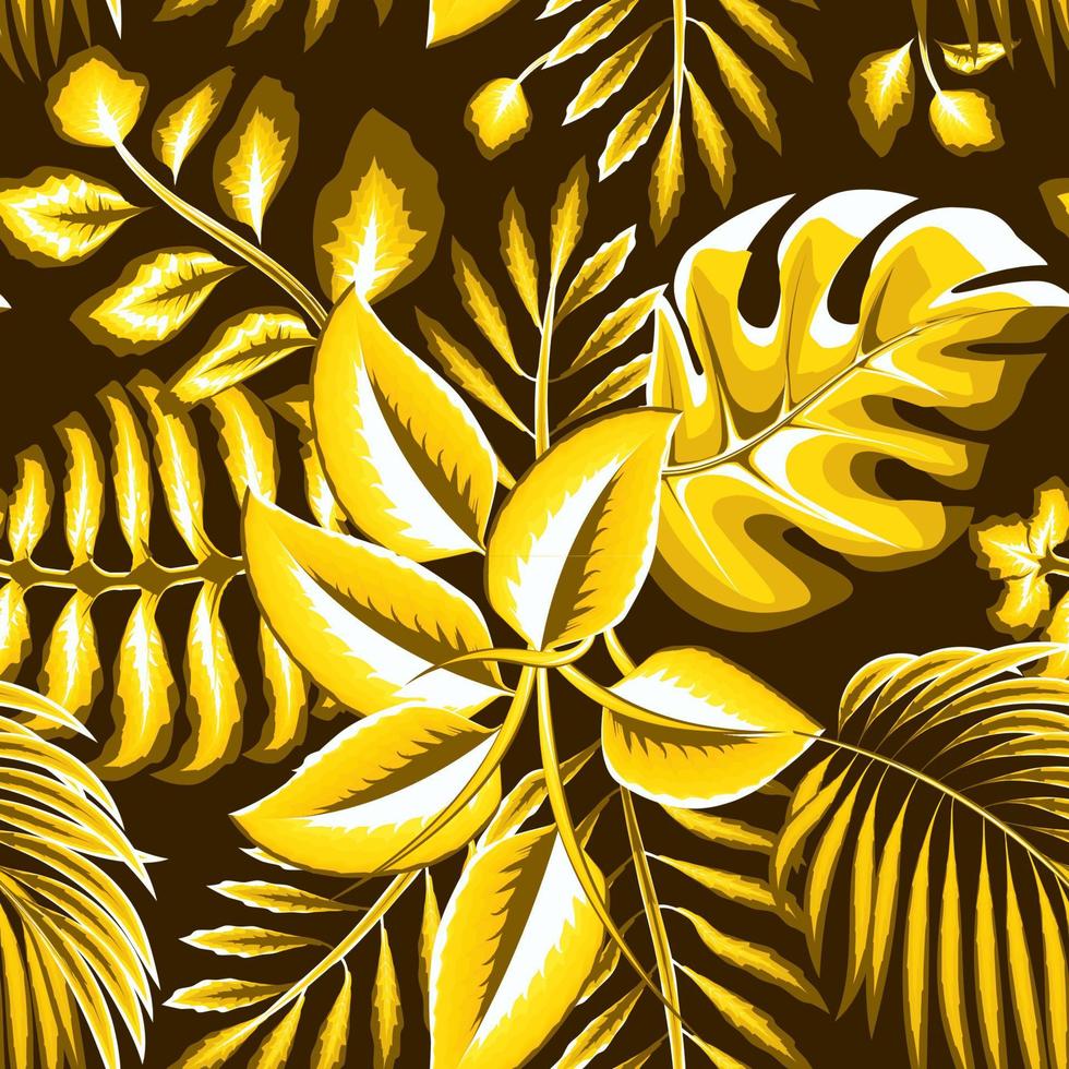 hell leuchtend gelbe monochromatische tropische monstera palmblätter pflanzen und laub auf nachthintergrund. modische Drucktextur. Dschungel-Tapete. exotische Tropen. sommerliches Design. dekorativ vektor