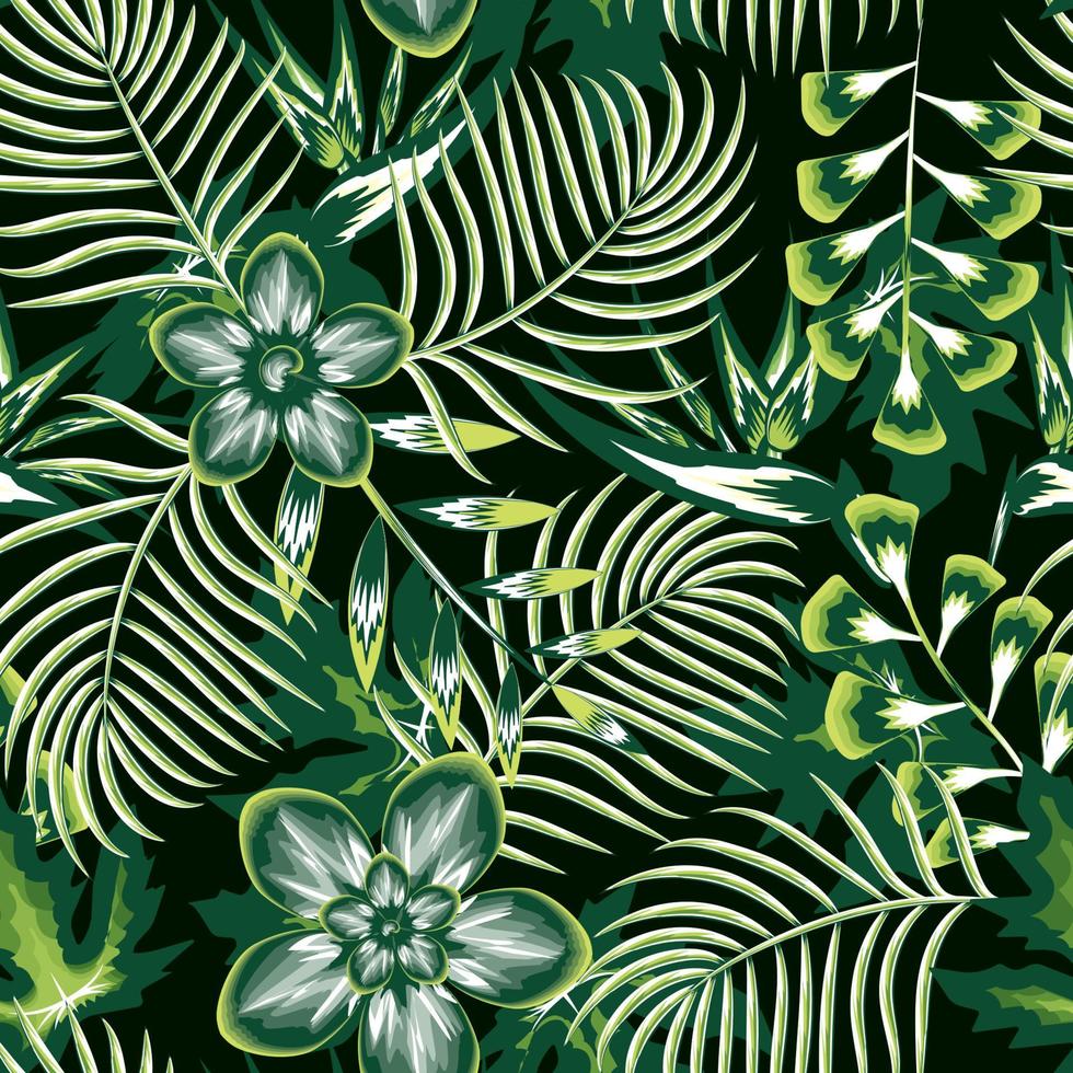 blomma och löv tropisk exotisk sömlös mönster färgrik tyg textur skriva ut upprepas. exotisk frangipani, strelitzia blommig element, handflatan löv tropisk grön och grenar på svart bakgrund. konst vektor